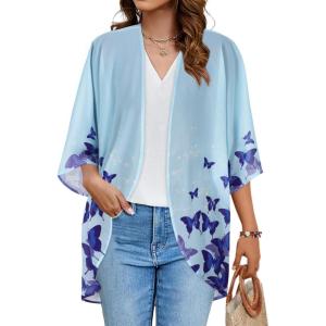 imageWomens Floral Print Puff Sleeve Kimono Cardigan Loose Cover Up Casual Blouse TopsButterflies on Blue