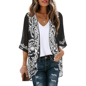 imageWomens Floral Print Puff Sleeve Kimono Cardigan Loose Cover Up Casual Blouse TopsC Black Flower