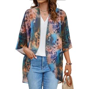 imageWomens Floral Print Puff Sleeve Kimono Cardigan Loose Cover Up Casual Blouse TopsColorful Leopard