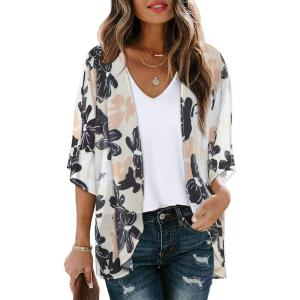 imageWomens Floral Print Puff Sleeve Kimono Cardigan Loose Cover Up Casual Blouse TopsDasiy Khaki