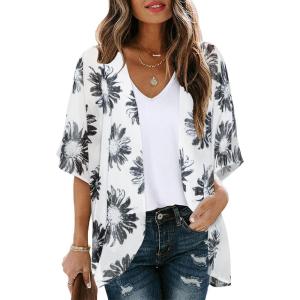 imageWomens Floral Print Puff Sleeve Kimono Cardigan Loose Cover Up Casual Blouse TopsDasiy White