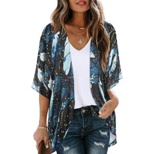 imageWomens Floral Print Puff Sleeve Kimono Cardigan Loose Cover Up Casual Blouse TopsFirefly Blue Print