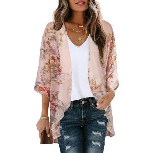 imageWomens Floral Print Puff Sleeve Kimono Cardigan Loose Cover Up Casual Blouse TopsFlowers Pink