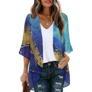 imageWomens Floral Print Puff Sleeve Kimono Cardigan Loose Cover Up Casual Blouse TopsGloden Blue