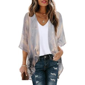 imageWomens Floral Print Puff Sleeve Kimono Cardigan Loose Cover Up Casual Blouse TopsGrey Gold Floral