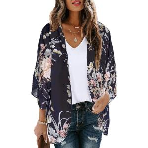 imageWomens Floral Print Puff Sleeve Kimono Cardigan Loose Cover Up Casual Blouse TopsNavy Blove