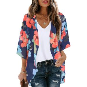 imageWomens Floral Print Puff Sleeve Kimono Cardigan Loose Cover Up Casual Blouse TopsOil Ink Blue