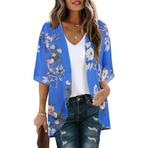 imageWomens Floral Print Puff Sleeve Kimono Cardigan Loose Cover Up Casual Blouse TopsRayol Blue Floral