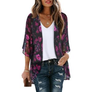 imageWomens Floral Print Puff Sleeve Kimono Cardigan Loose Cover Up Casual Blouse TopsRose Red Flower