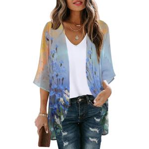 imageWomens Floral Print Puff Sleeve Kimono Cardigan Loose Cover Up Casual Blouse TopsSunset and Flowers