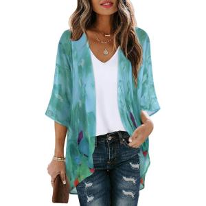 imageWomens Floral Print Puff Sleeve Kimono Cardigan Loose Cover Up Casual Blouse TopsTeal Blue Print
