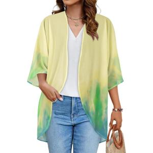 imageWomens Floral Print Puff Sleeve Kimono Cardigan Loose Cover Up Casual Blouse TopsYellow Green Tiedye
