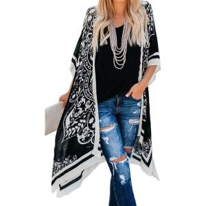 imageWomens Kimono Swimsuit Coverups Summer Beach Casual Loose Cardigans for SwimwearBlack Boho