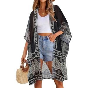 imageWomens Kimono Swimsuit Coverups Summer Beach Casual Loose Cardigans for SwimwearBlack White Ethnic