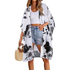 imageWomens Kimono Swimsuit Coverups Summer Beach Casual Loose Cardigans for SwimwearBlack White Floral