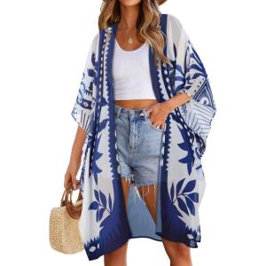 imageWomens Kimono Swimsuit Coverups Summer Beach Casual Loose Cardigans for SwimwearBlue Boho Pattern