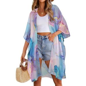 imageWomens Kimono Swimsuit Coverups Summer Beach Casual Loose Cardigans for SwimwearBlue Purple Smudge