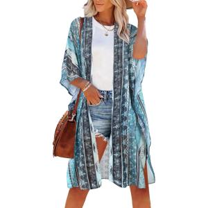 imageWomens Kimono Swimsuit Coverups Summer Beach Casual Loose Cardigans for SwimwearBlue Stripe Ethnic Print