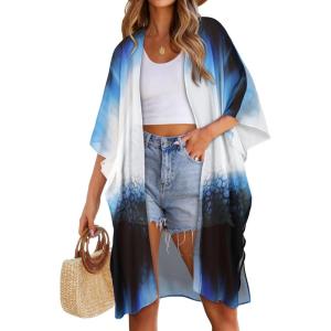 imageWomens Kimono Swimsuit Coverups Summer Beach Casual Loose Cardigans for SwimwearBlue Tiedye