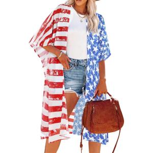 imageWomens Kimono Swimsuit Coverups Summer Beach Casual Loose Cardigans for SwimwearBlue Us Flag