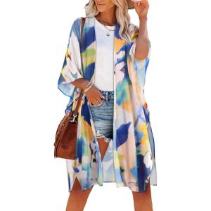 imageWomens Kimono Swimsuit Coverups Summer Beach Casual Loose Cardigans for SwimwearBlue Yellow Flower