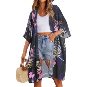 imageWomens Kimono Swimsuit Coverups Summer Beach Casual Loose Cardigans for SwimwearBoho Pink Purple Floral