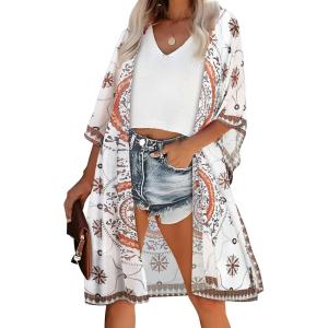 imageWomens Kimono Swimsuit Coverups Summer Beach Casual Loose Cardigans for SwimwearBoho White and Khaki