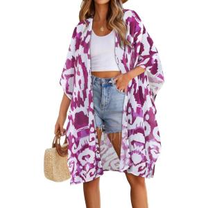 imageWomens Kimono Swimsuit Coverups Summer Beach Casual Loose Cardigans for SwimwearChic Purple