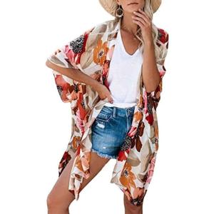 imageWomens Kimono Swimsuit Coverups Summer Beach Casual Loose Cardigans for SwimwearFlower Apricot