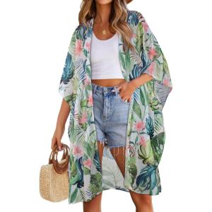 imageWomens Kimono Swimsuit Coverups Summer Beach Casual Loose Cardigans for SwimwearFlower With Leaves