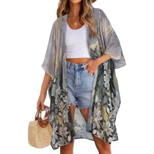 imageWomens Kimono Swimsuit Coverups Summer Beach Casual Loose Cardigans for SwimwearGrey Floral White