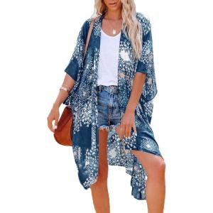 imageWomens Kimono Swimsuit Coverups Summer Beach Casual Loose Cardigans for SwimwearNavy Fire Print