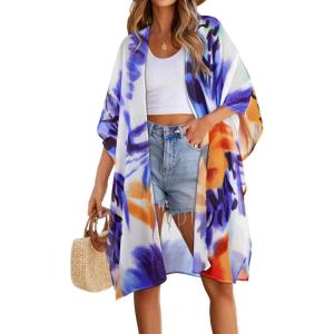 imageWomens Kimono Swimsuit Coverups Summer Beach Casual Loose Cardigans for SwimwearOrange Blue Print