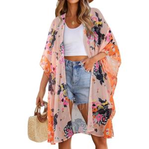 imageWomens Kimono Swimsuit Coverups Summer Beach Casual Loose Cardigans for SwimwearPink Flower
