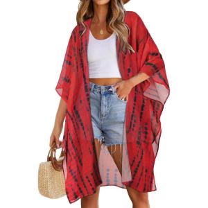 imageWomens Kimono Swimsuit Coverups Summer Beach Casual Loose Cardigans for SwimwearRed Black Line