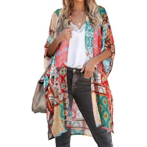 imageWomens Kimono Swimsuit Coverups Summer Beach Casual Loose Cardigans for SwimwearRed Green Patchwork