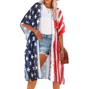 imageWomens Kimono Swimsuit Coverups Summer Beach Casual Loose Cardigans for SwimwearRed Stripe Stars