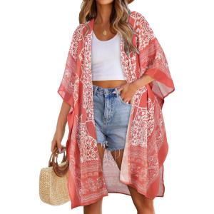 imageWomens Kimono Swimsuit Coverups Summer Beach Casual Loose Cardigans for SwimwearRufous White Print