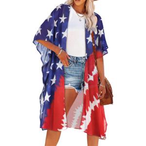 imageWomens Kimono Swimsuit Coverups Summer Beach Casual Loose Cardigans for SwimwearStars in Redblue
