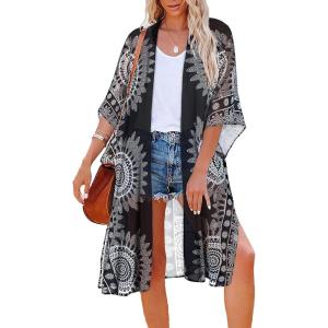imageWomens Kimono Swimsuit Coverups Summer Beach Casual Loose Cardigans for SwimwearWhite Circular Print Boho