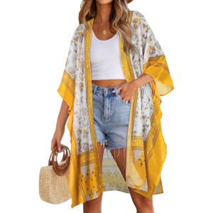 imageWomens Kimono Swimsuit Coverups Summer Beach Casual Loose Cardigans for SwimwearYellow  White
