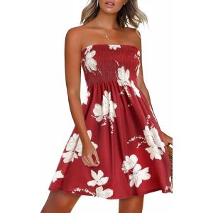 imageCHICGAL Summer Dresses for Women Beach Cover Ups Strapless Boho Floral Print SundressA Deep Wine Red Flower