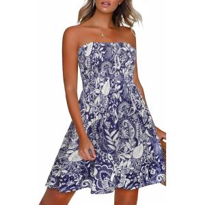 imageCHICGAL Summer Dresses for Women Beach Cover Ups Strapless Boho Floral Print SundressAmoeba Navy Blue