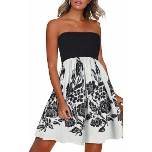 imageCHICGAL Summer Dresses for Women Beach Cover Ups Strapless Boho Floral Print SundressBlack White Rose