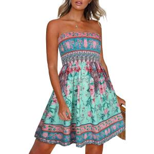 imageCHICGAL Summer Dresses for Women Beach Cover Ups Strapless Boho Floral Print SundressBoho Green Pink