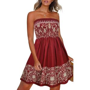 imageCHICGAL Summer Dresses for Women Beach Cover Ups Strapless Boho Floral Print SundressBoho Red Yellow Print