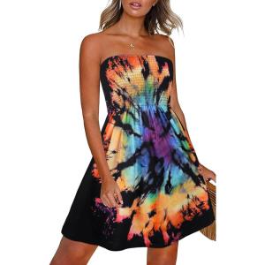 imageCHICGAL Summer Dresses for Women Beach Cover Ups Strapless Boho Floral Print SundressColorful Tie Dye