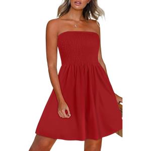 imageCHICGAL Summer Dresses for Women Beach Cover Ups Strapless Boho Floral Print SundressSolid Red