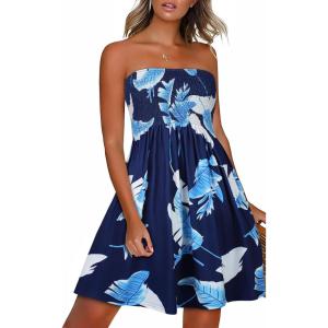 imageCHICGAL Summer Dresses for Women Beach Cover Ups Strapless Boho Floral Print SundressTropical Blue Leaf