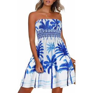 imageCHICGAL Summer Dresses for Women Beach Cover Ups Strapless Boho Floral Print SundressWhite Blue Tree